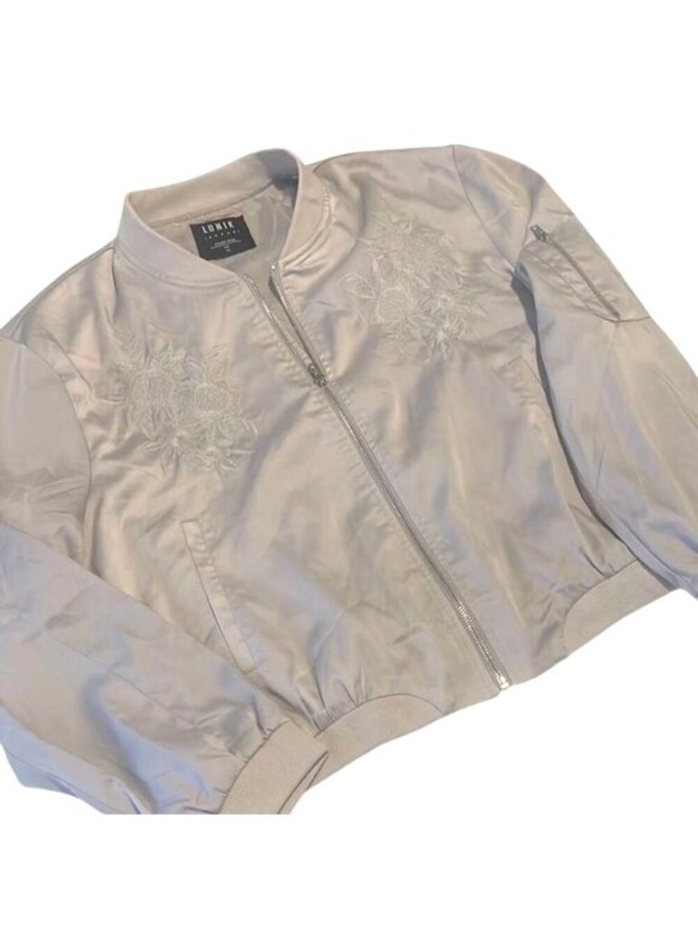Lunik Silver Gray Embroidered Detail Full Zip Varsity Jacket Size XL